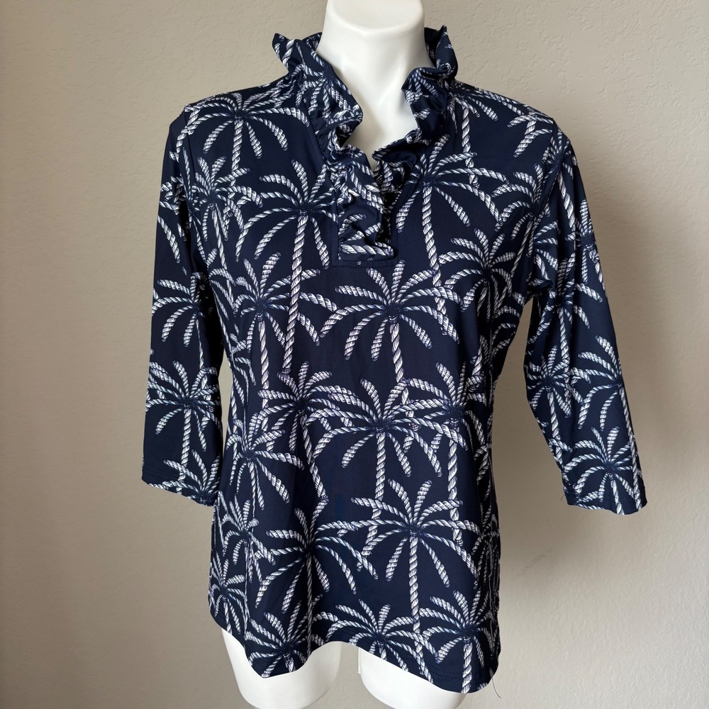 Lulu-B Navy White Palm Tree 3/4 Sleeve Ruffle Neck Blouse Top Medium Resortwear
